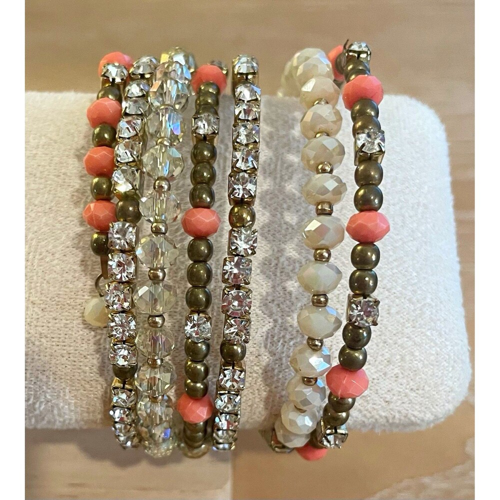 Memory Coil Wrap Salmon Pink Beaded Clear Crystal Bracelet Gold Tone